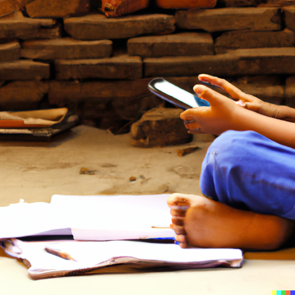 a poor kid studying using smartphone