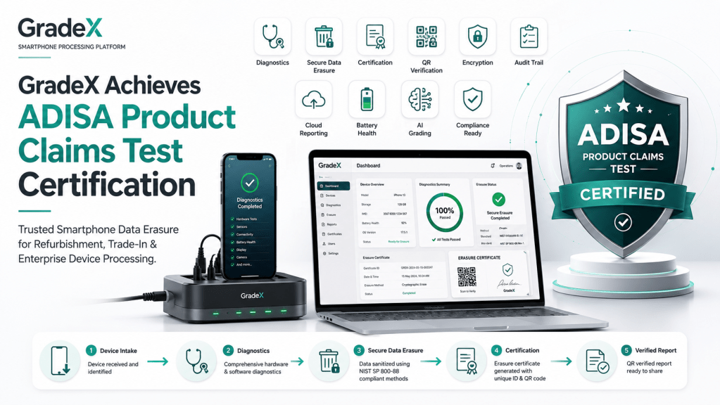 GradeX Achieves ADISA Product Claims Test Certification for Secure Smartphone Data Erasure